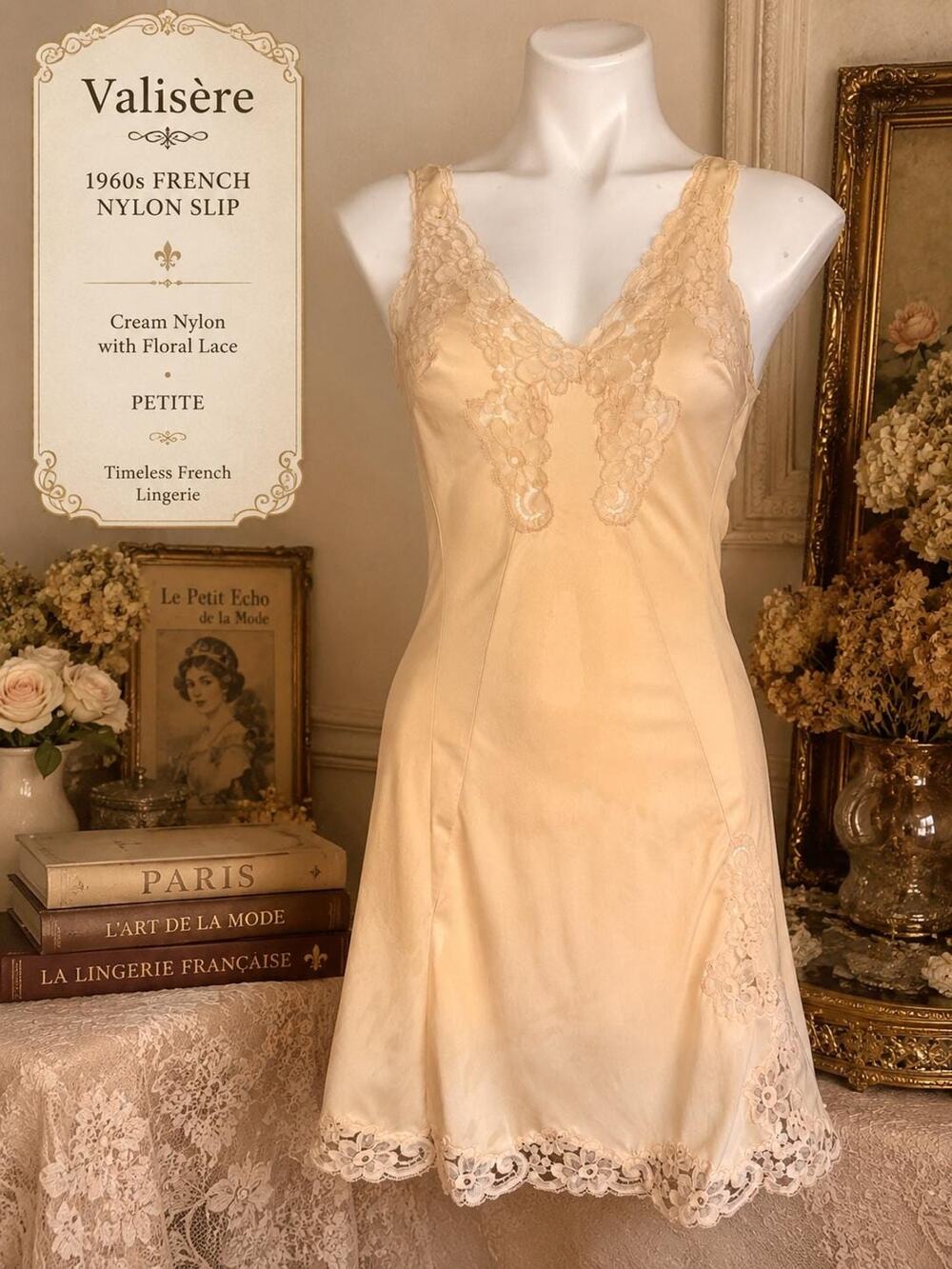 Vintage Valisère Nylon Full Slip Cream Floral Lace 1960s French Lingerie Petite